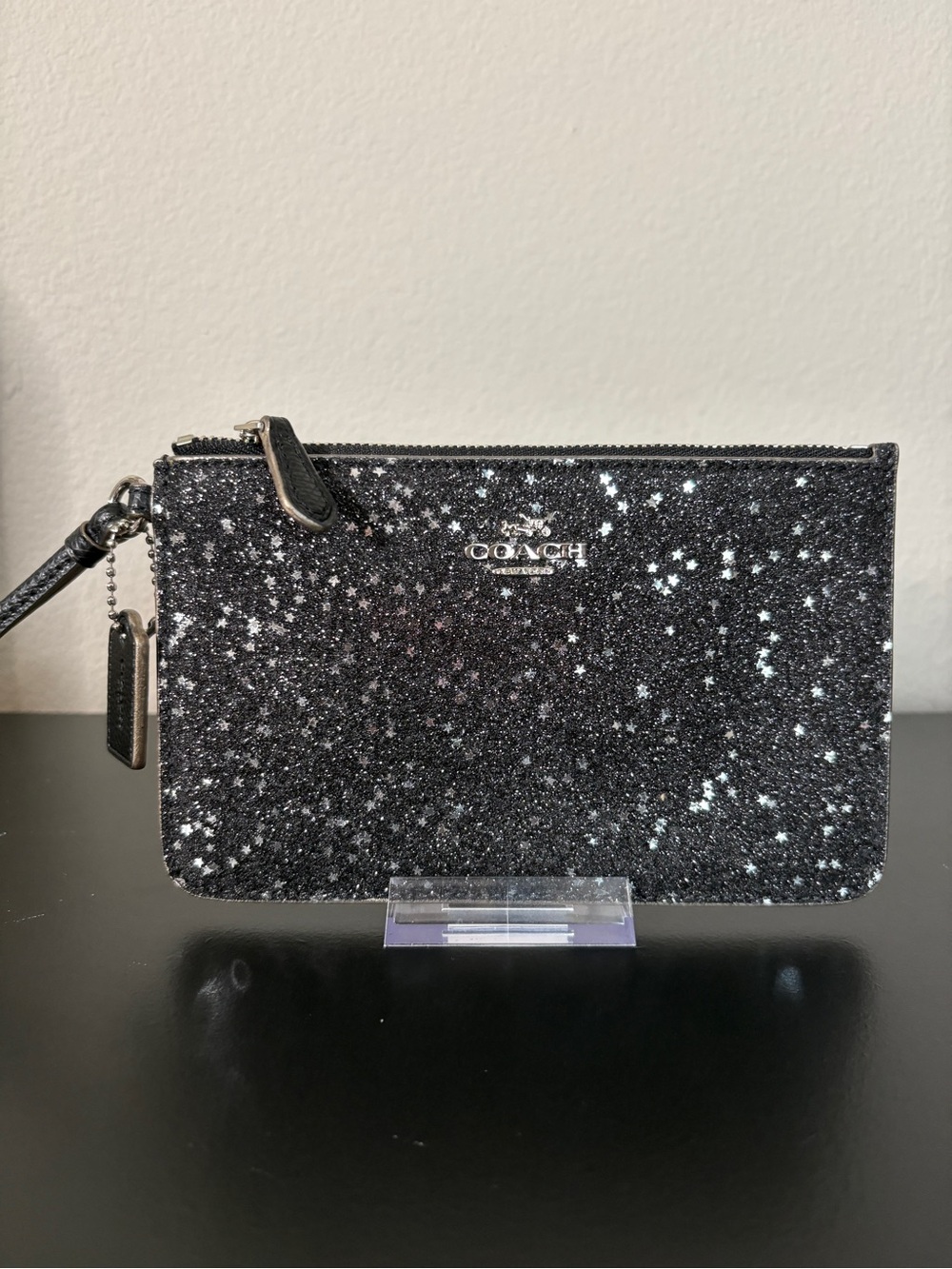 Coach Black Glitter Star Zip Wristlet